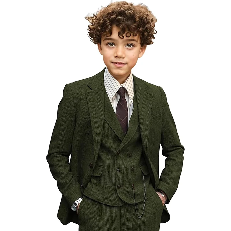 

Boys' Dark Green Three - Piece Suit Set with Lapel Collar Birthday Evening Party Suit Set Formal Dinner Suit Set
