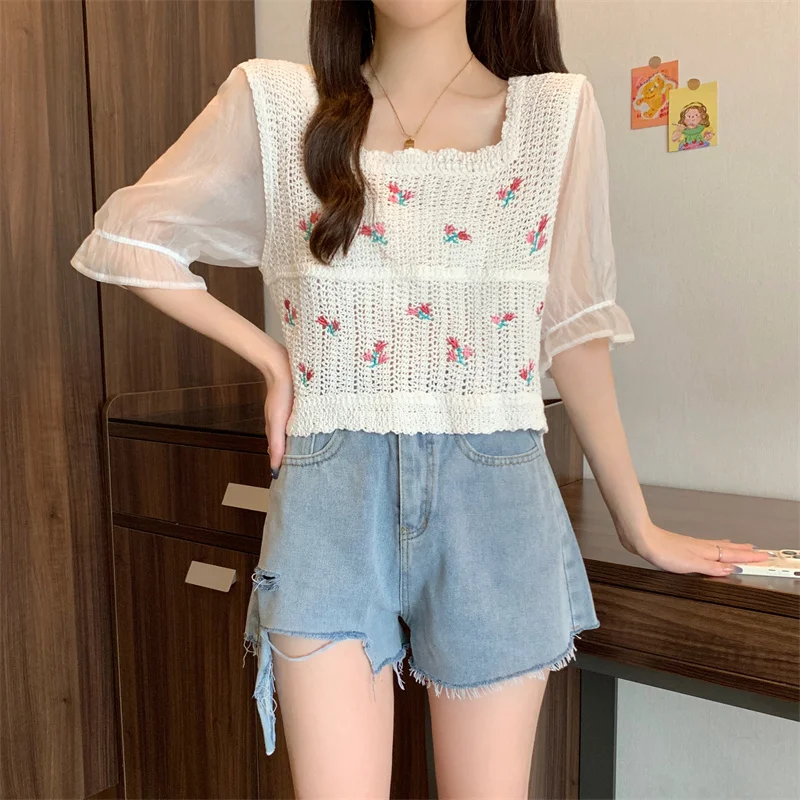 Embroidery Floral Crochet Knit Top with Chiffon Sleeve Square Neck Open-knit Blouse Top Women Spring Summer Fairycore Outfit