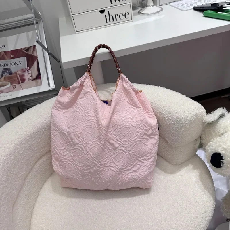 New Kawaii Ball Chain Thread Flower Canvas Bag Flower Series Girls Foldable Large Capacity Oxford Shoulder Embroidered Nylon Bag