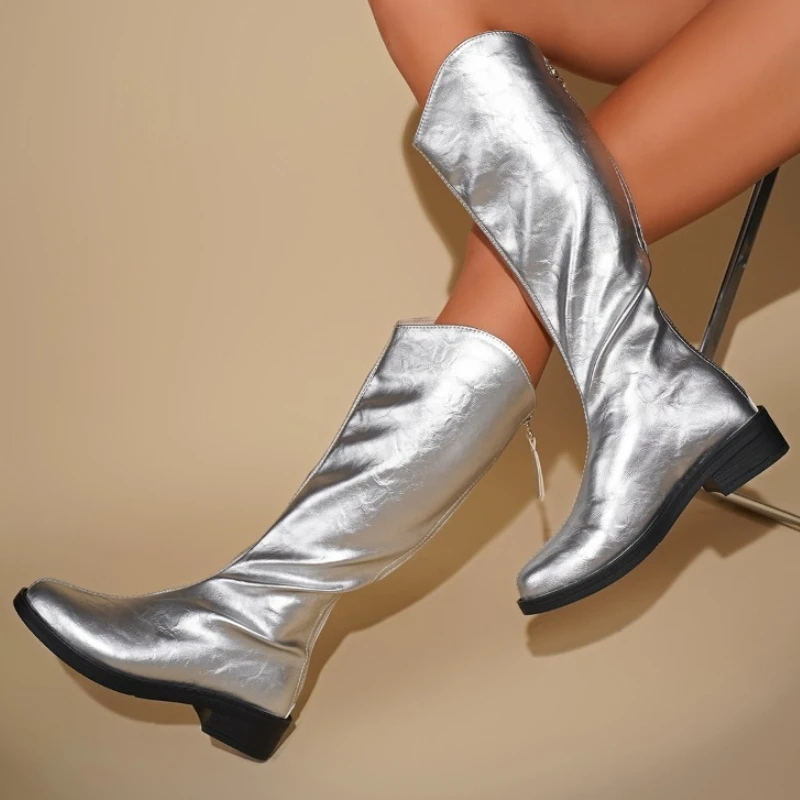 Bottes montantes argentées pour femmes, bottes longues à coupe en V, talon bas, bottes western, bottes de soirée, bottes de club, bottes de rue, chaussures pour femmes.