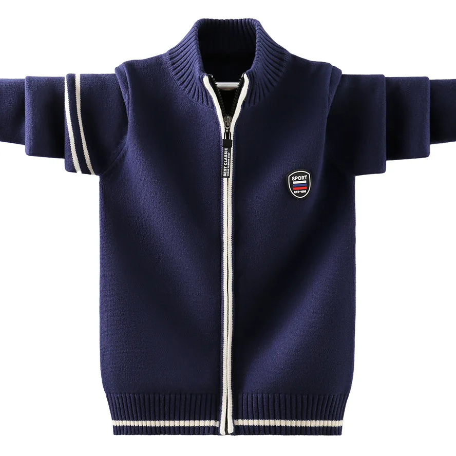 Boys' School Uniform Sweater Cardigan 2024 Autumn/Winter Children's Casual Knitted Zipper Coat Kids Thickened Warm Outerwear