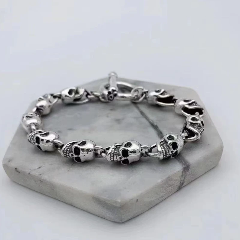

ZABRA Authentic 925 Sterling Silver 8mm Skull Bracelet Link Chain Mens Bracelet Vintage Thai Silver Punk Bracelets Men Jewelry