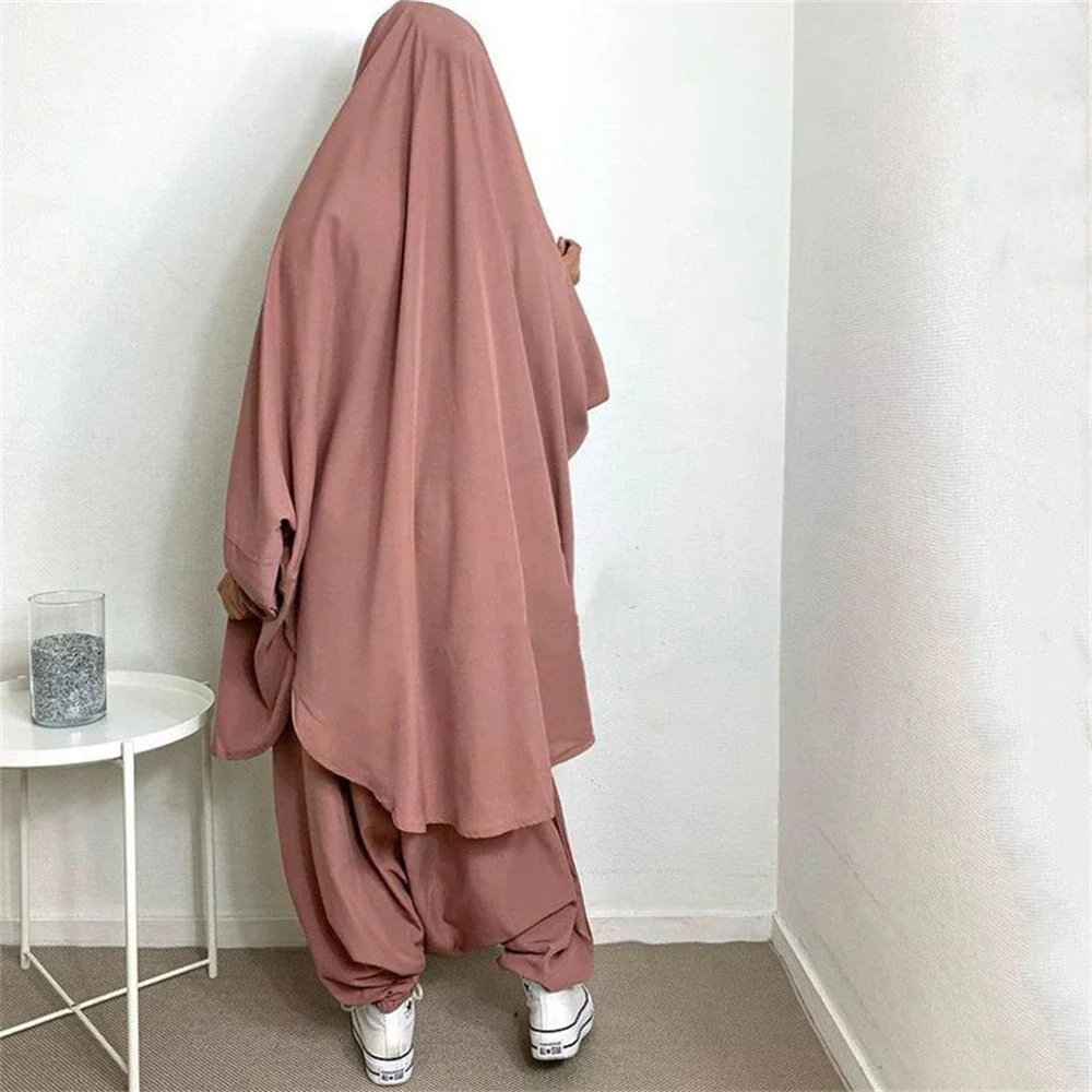 2pcs Women Khimar Pant Set Abaya Prayer Dress Muslim Full Cover Eid Djellaba Hooded Ramadan Abaya Kebaya Jalabiya Islam Clothing