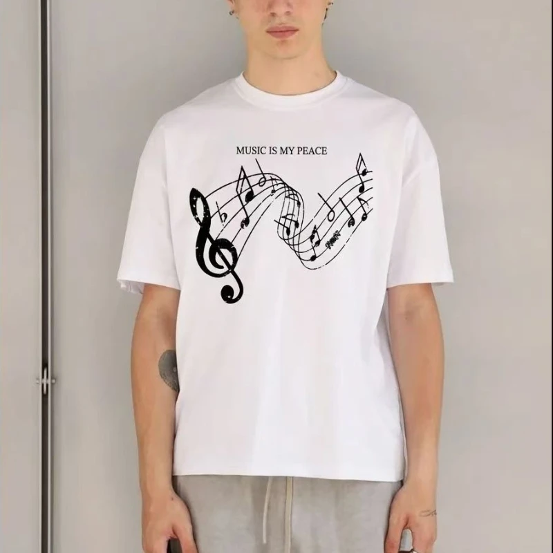 Vintage Musical Note Skull Crossbones Print Oversized T Shirt White Cotton Punk Grunge Aesthetic Streetwear Music Festivals