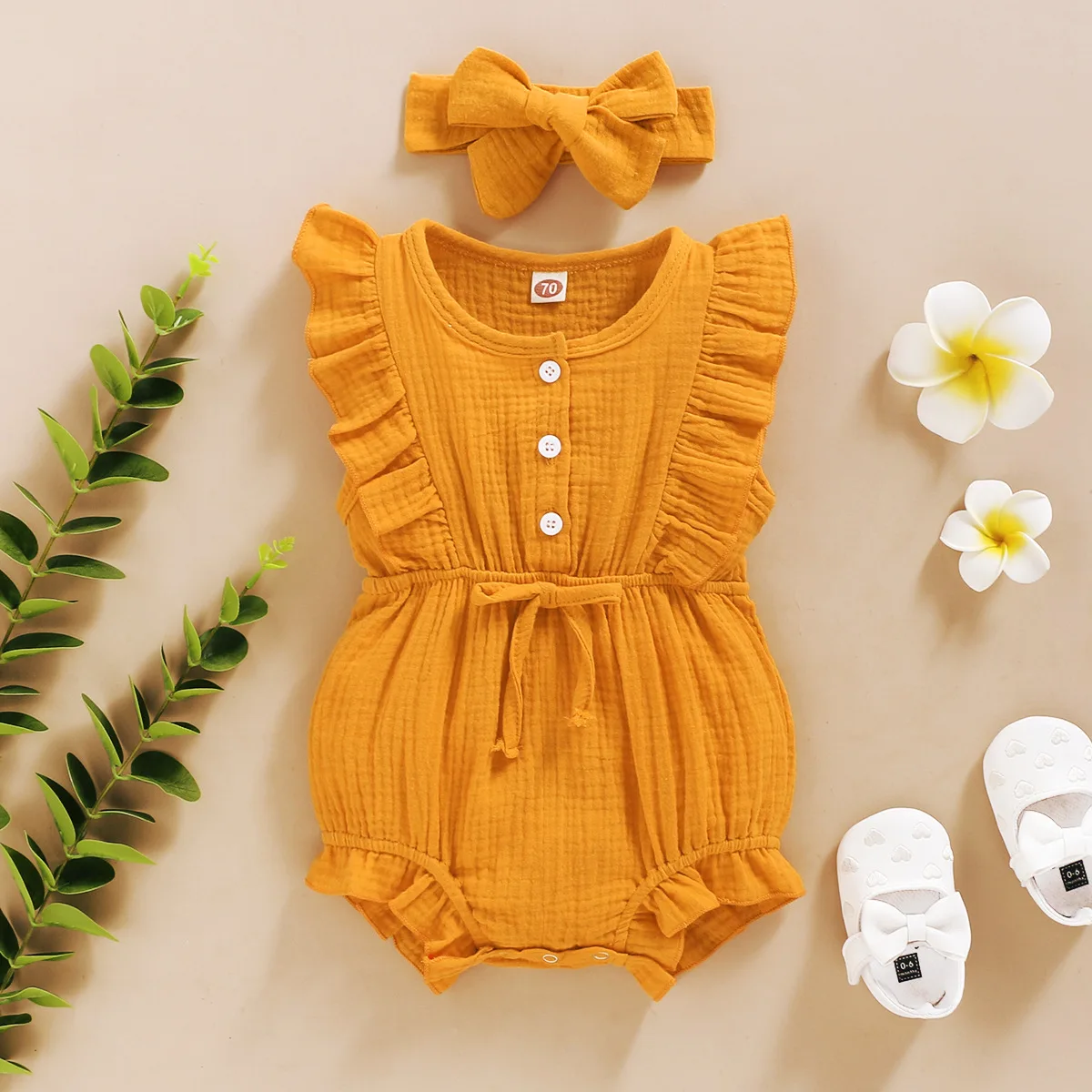 New Infant Toddler Born Baby Girls Romper + Headband Cotton Linen Ruffles Rompers Kids Onepiece Fashion Baby Clothing