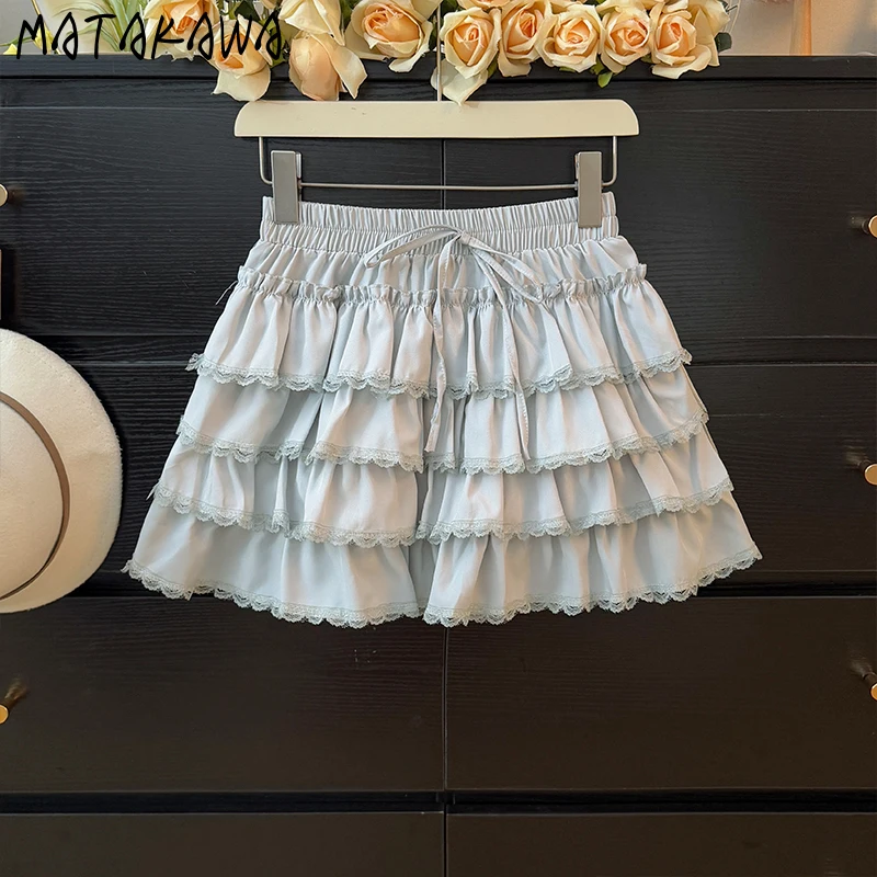 

Matakawa Sweet Ruffles Mini Skirts Solid Spring Summer A-line Retro Women Skirt Korean Fashion High Waist Elegant Jupe Femme