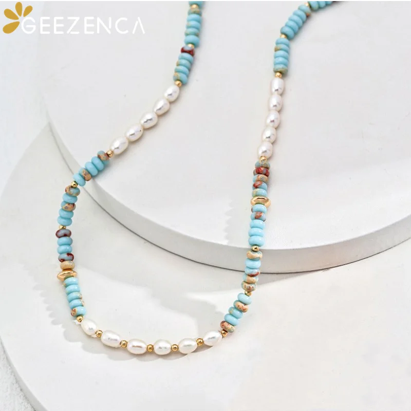 GEEZENCA 925 Silver Pearl Blue Stone Spaced Beads Strand Necklace For Women 18K Gold Multi Color Chokers Necklaces 2024 New Gift