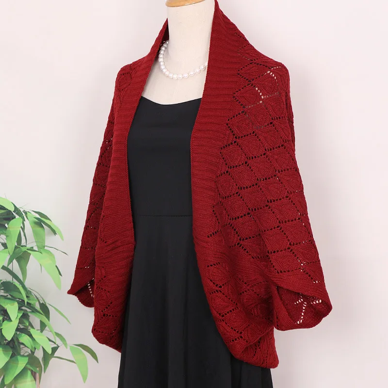 Chinese Style New Knitted Shawl with Acrylic Wool Keep Warm Cardigan Hollow Cloak Multifunctional Wrap Solid Coat