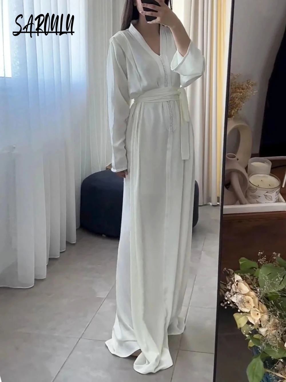 Muslim Simple Long Sleeves Satin Evening Dress Single Breasted V Neck Elegant Caftan Prom Gown Casual Vintage Customized Robe