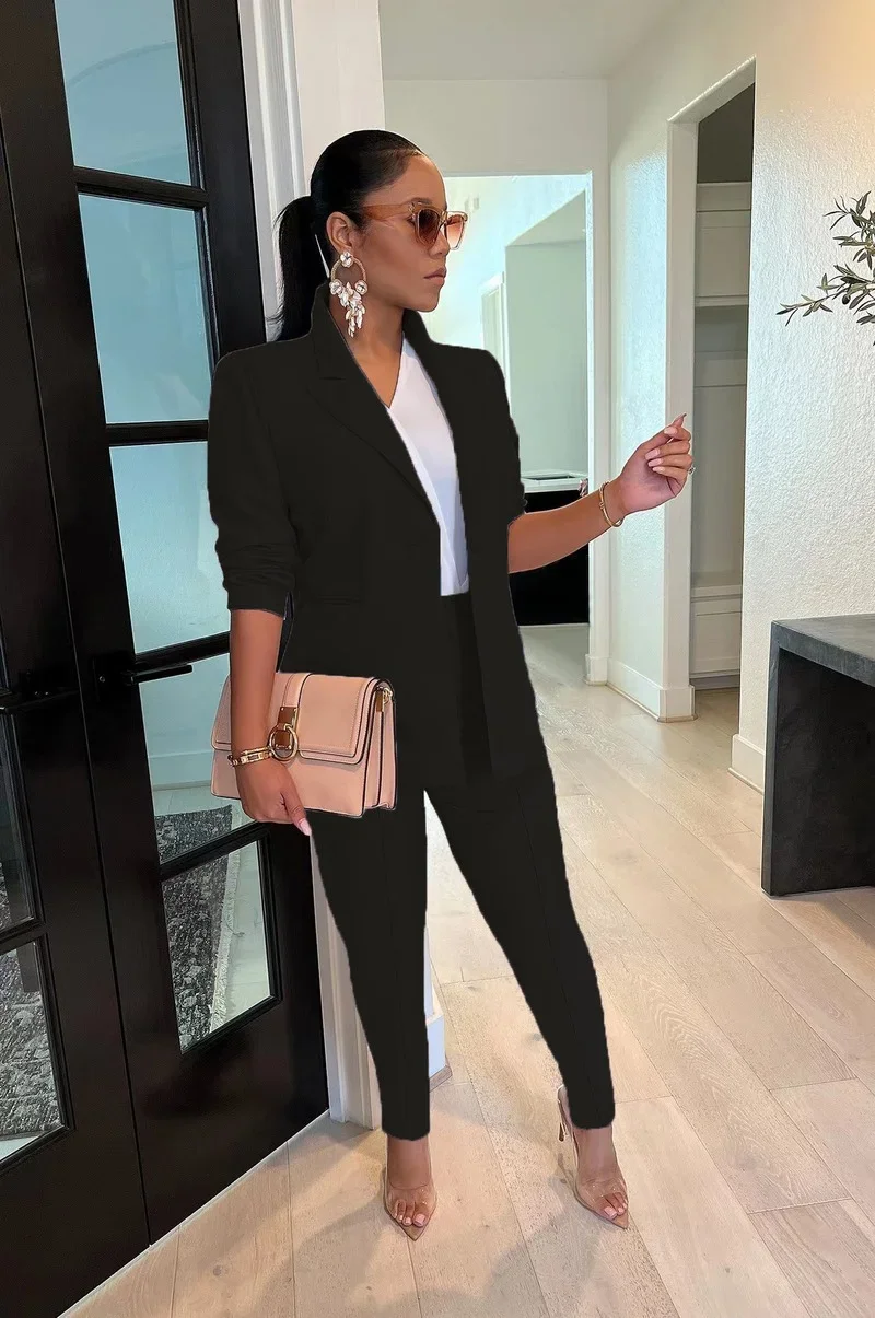 Office Lady Blazer สง่างามสองชุดเดียวยาวแขนเสื้อกางเกงรัดรูปแฟชั่นธุรกิจชุดยูนิฟอร์มทำงาน