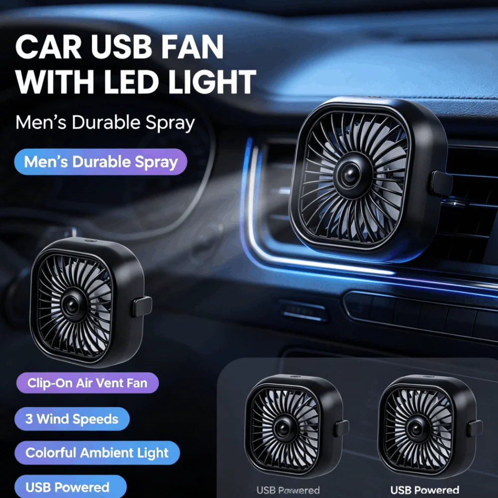 1pc USB Car Air Vent Cooling Fan 3 Speed Adjustable Rubber Clip with Colorful Gradient LED Light Auto Summer Car Accessories
