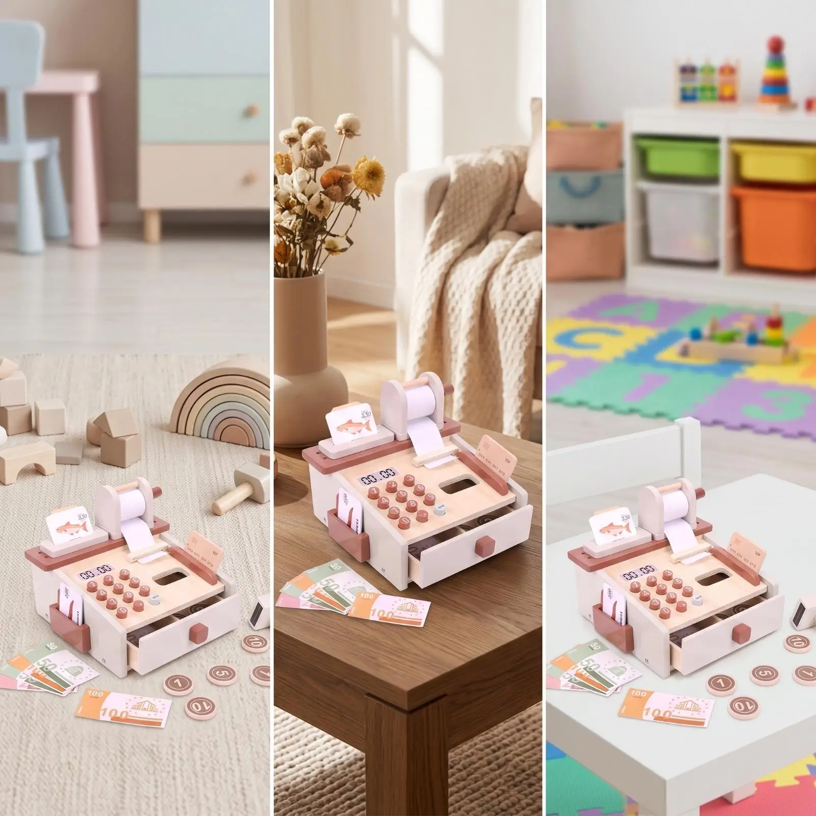 Kids Smart Toys Educational Wooden Children Play Cashier Interactive Register Toy for Math Counting and Fine Motor Practice