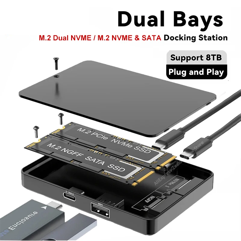 Dual Bays M2 NVME SATA SSD Enclouse RGB 10Gbps PCIe NVME محطة إرساء USB3.2 الحالة الصلبة M.2 صندوق القرص الصلب محول للكمبيوتر الشخصي