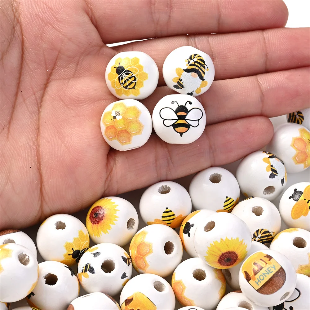 10pcs/set Colorful Yellow Bee Painted Spring Loose Beads Polished Honey Bee Wood Beads Round Rustic Beads for DIY Jewelry Making