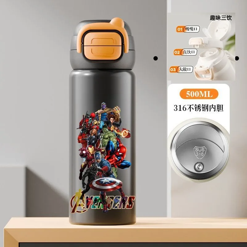 Marvel Spiderman Iron Man Anime movies cartoon children\'s portable large capacity 316 stainless steel thermos cup birthday gift