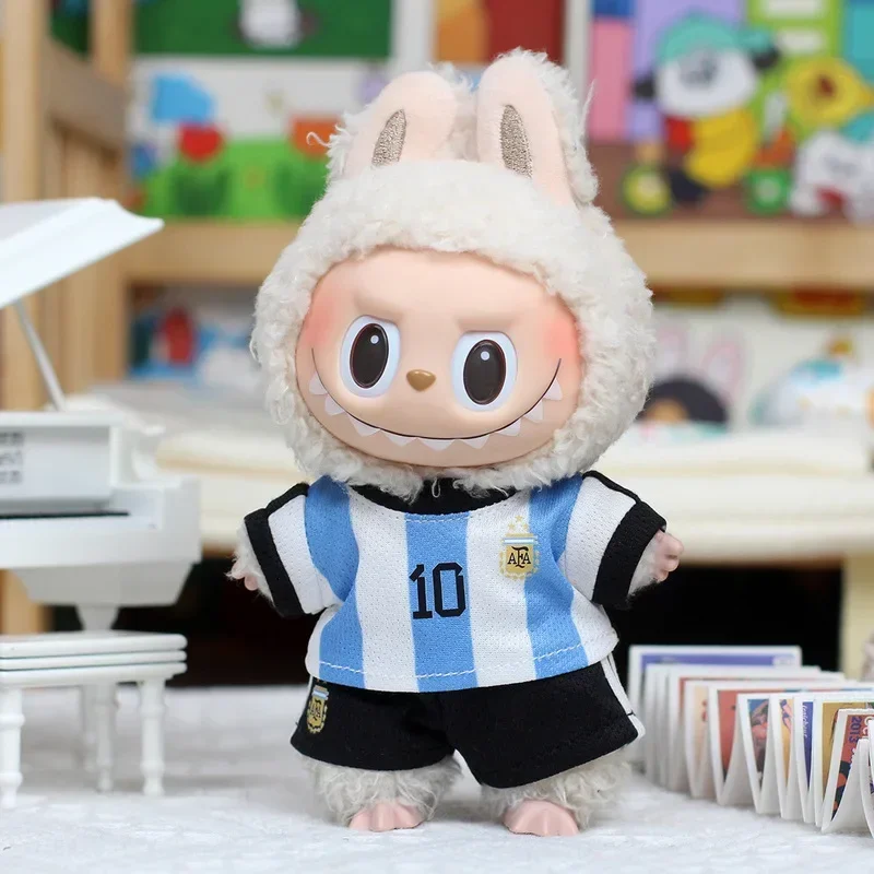 

In Stock, only clothes, 17cm Labubu soccer uniform, sports suit, smoothie macaroni dress with heart full of nice dress gifts