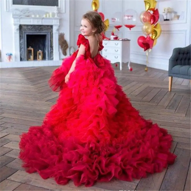 

Red Girls Princess Tulle Dress Children Model Pageant Piano Performance Gown Party Formal Celebration Outfit Birthday Costume