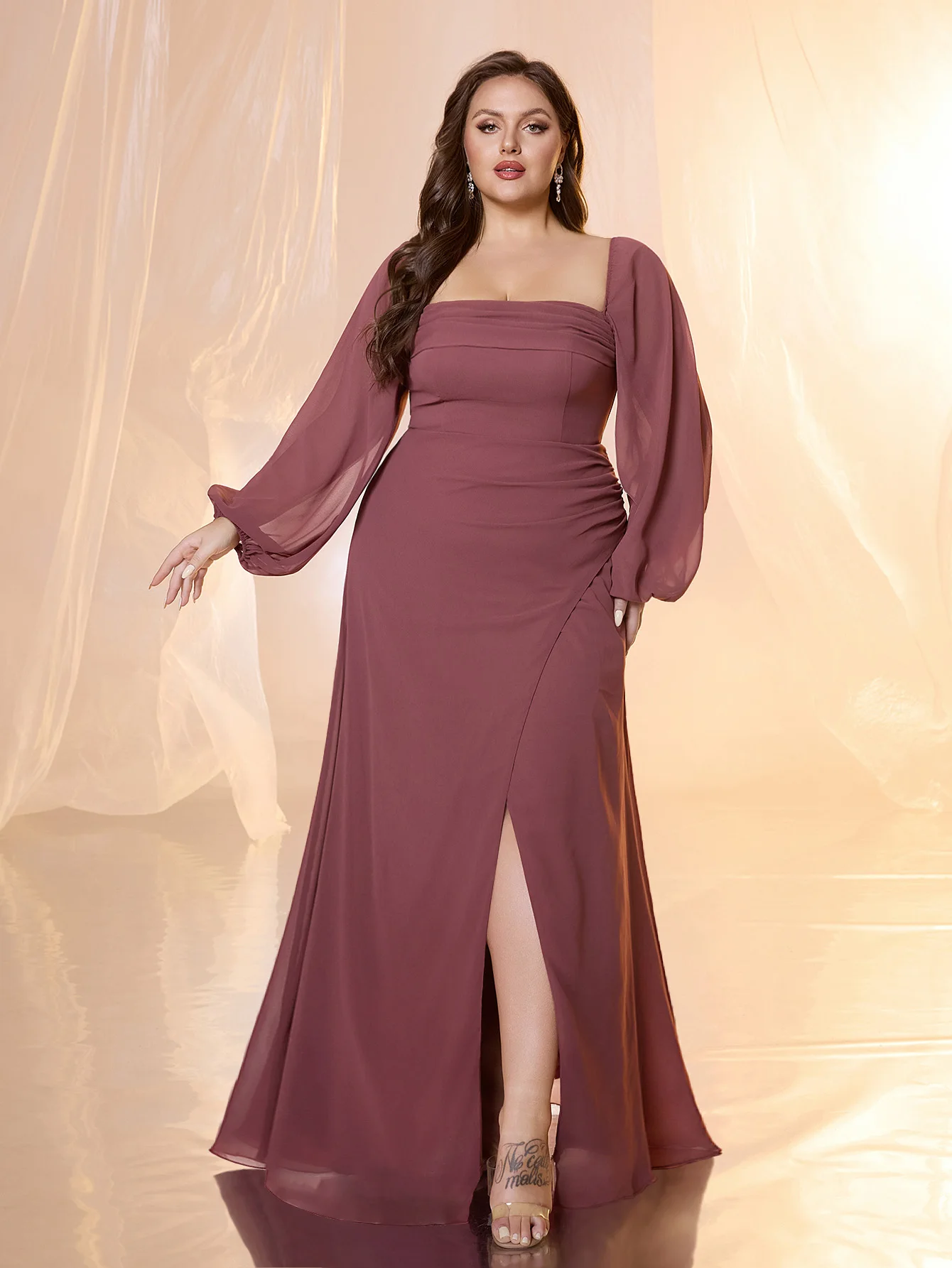 

UNITHORSE Plus Size Square Neck Long Sleeve Asymmetrical Hem Chiffon Maid of Honor Dress Elegant Wedding Guest Dress