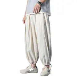 Spodnie szerokie nogawki męskie Streetwear Baggy luźne spodnie M-8XL Plus rozmiar spodnie do kostek bawełniane lniane spodnie czarne białe khaki