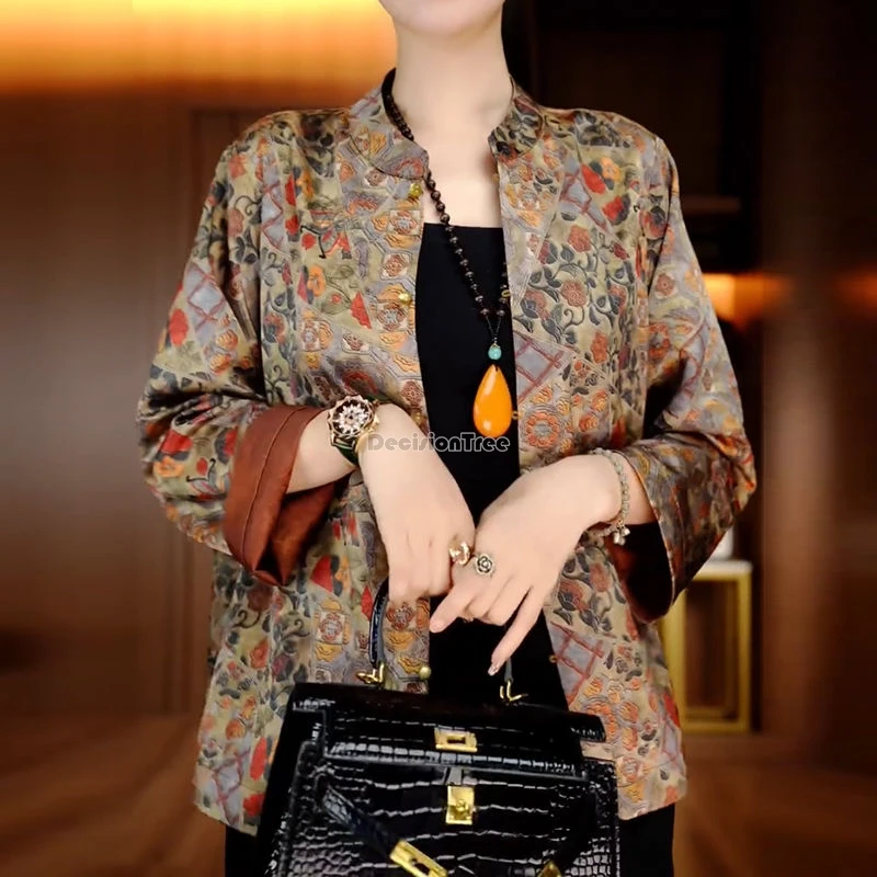 

2025 китайская улучшенная национальная печатная блузка с длинным рукавом и воротником-стойкой, костюм Тан, женская свободная повседневная блузка в стиле ретро t001