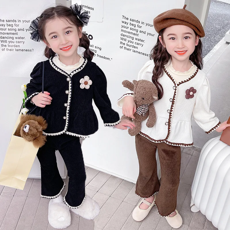 

Elegant Kids Suits Contrast Color V-Neck Flower One Breasted Girls Jacket+High Waist Solid Flare Pants Two Pieces Children Sets