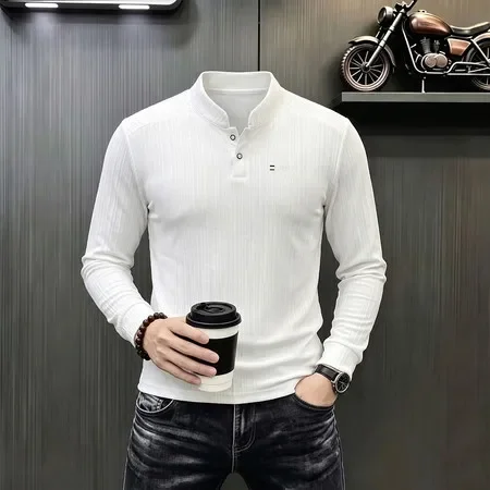 Men Regular‑Fit Mandarin Collar Long‑Sleeve Henley Shirt Button Placket Solid‑Color Office Business Casual Tops