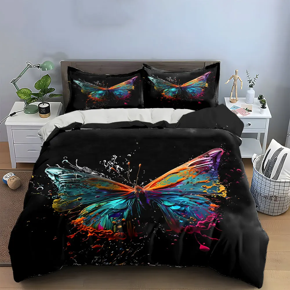 Colorful Butterfly Artwork Set Decor Bedding Set with 1 Duvet Cover 2 Pillowcases Single Double King Queen, Gift