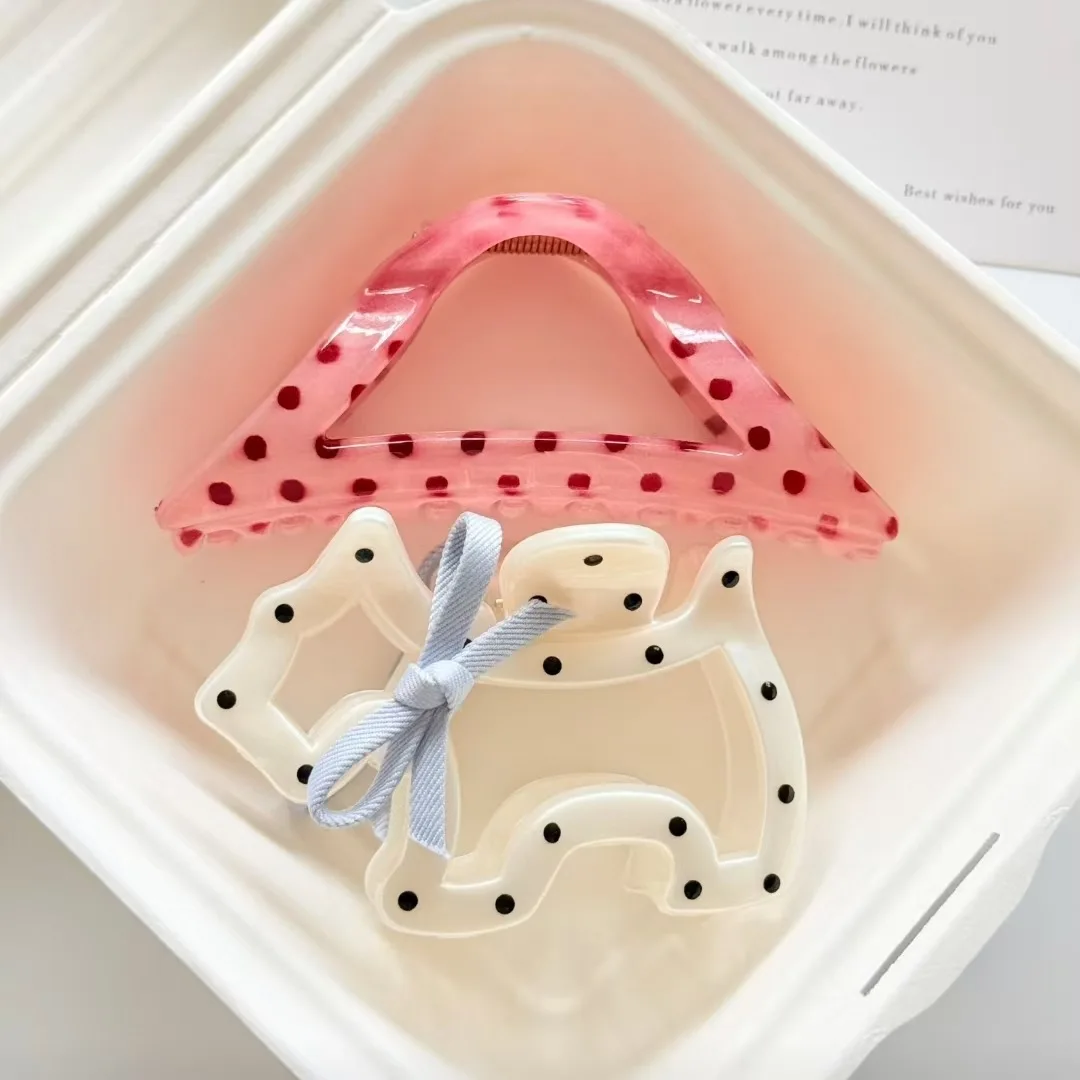 2pcs Cute Hollow Strawberry Polka Dot Bowknot Dog Geometric Triangle Shark Hair Clip Claw Women  Ponytail Clamp Hair Accessories