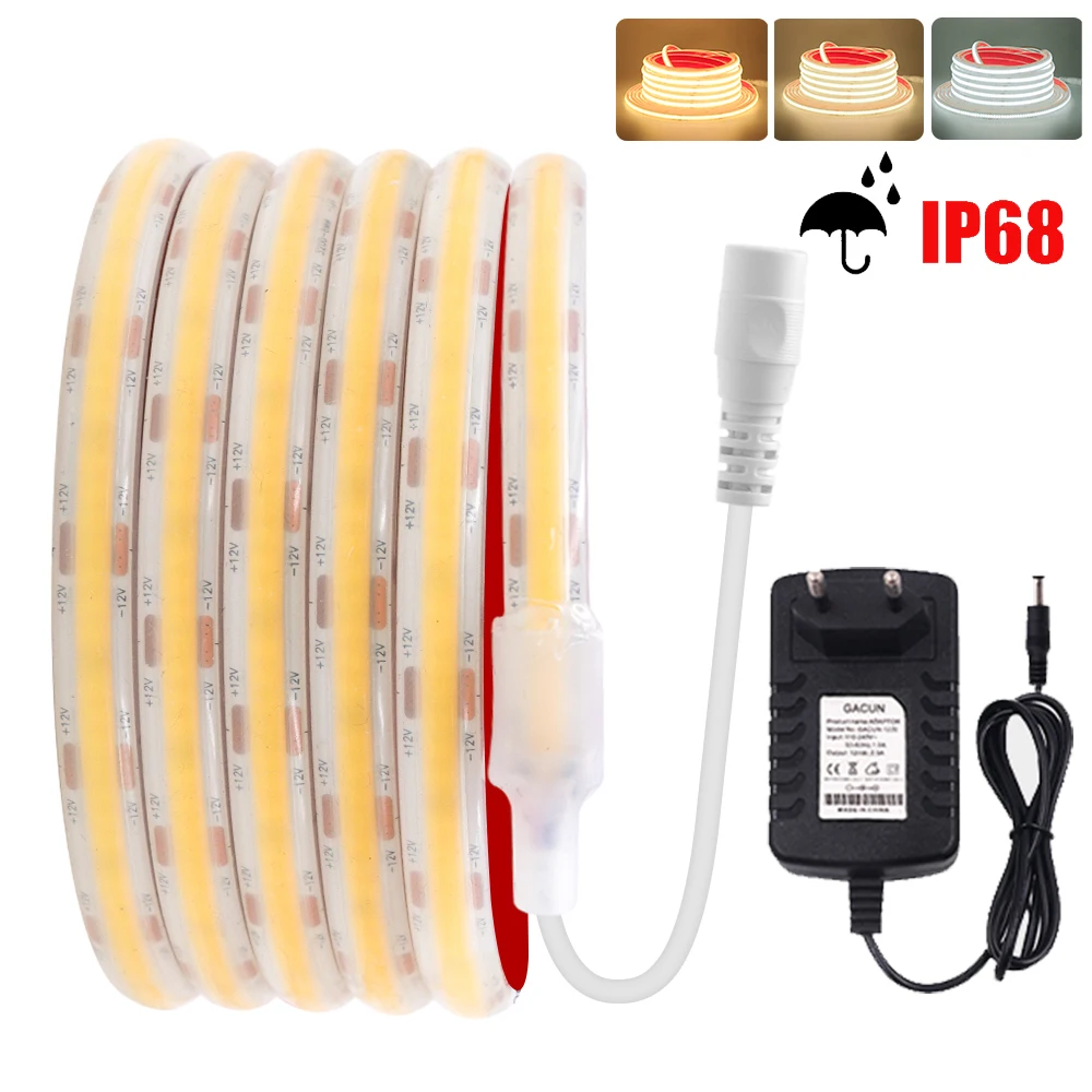 

IP68 Waterproof COB Strip DC 12V 320Leds/M EU UK US AU Set 320Leds/M RA90 3000K 4000K 6000K Flexible Ribbon Rope Tape LED Light