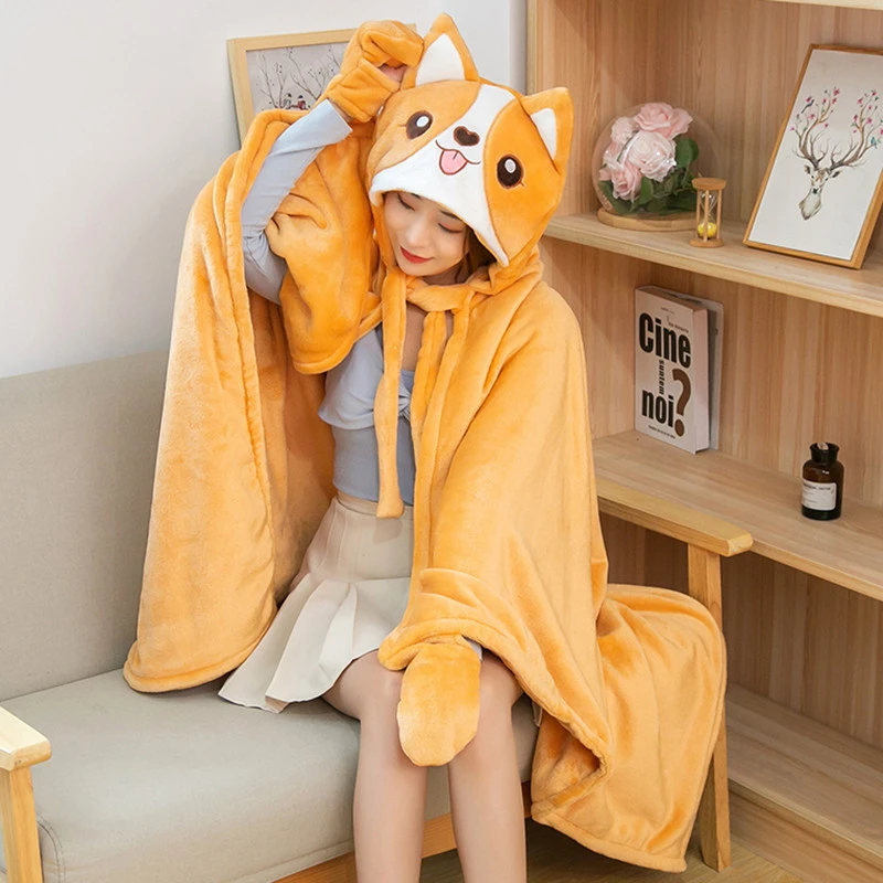 Shawl Cape Hooded Flannel Sweater Lazy Blanket Single Lunch Break Office Nap Blanket Cute Cartoon Animal Chai Dog Hoodies