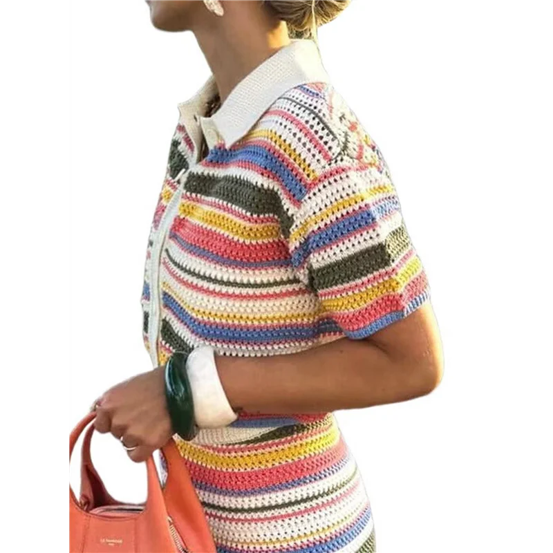 

CGS-Women's Crochet Short Sets Stripe Button Down Cardigan With Shorts 2 Piece Knit Outfits