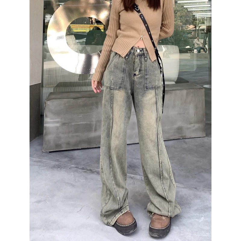 

Women Bottoms Vintage Blue High Waist Jeans Casual Straight Wide Leg Pants High Street 2024 Y2K Female Baggy Denim Trouser