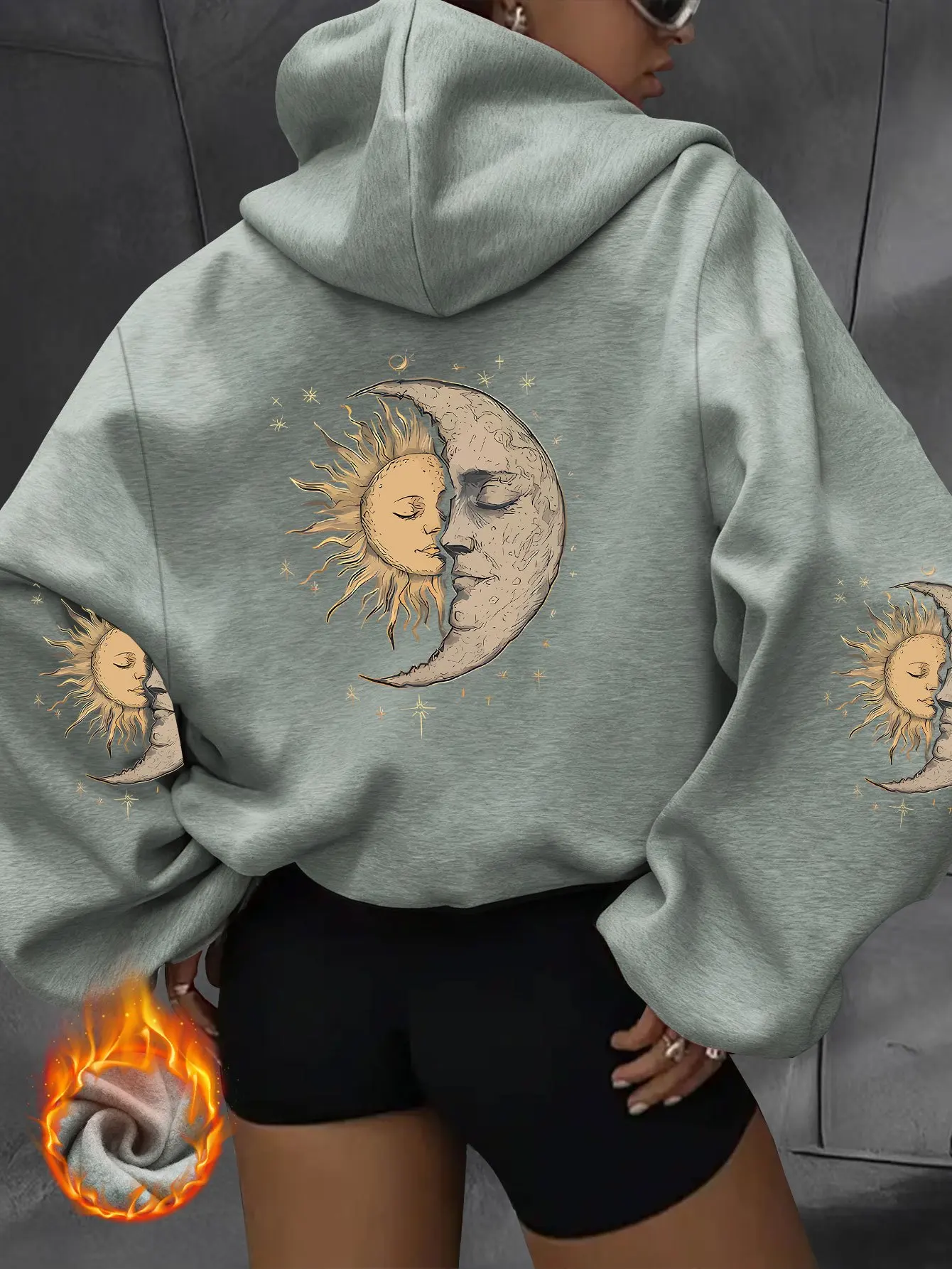 Women‘s Sun Moon and Stars Print Hoodie Unisex Autumn Winter Fleece Oversized Hooded Everyday Outdoors Hoodie for Any Occasion