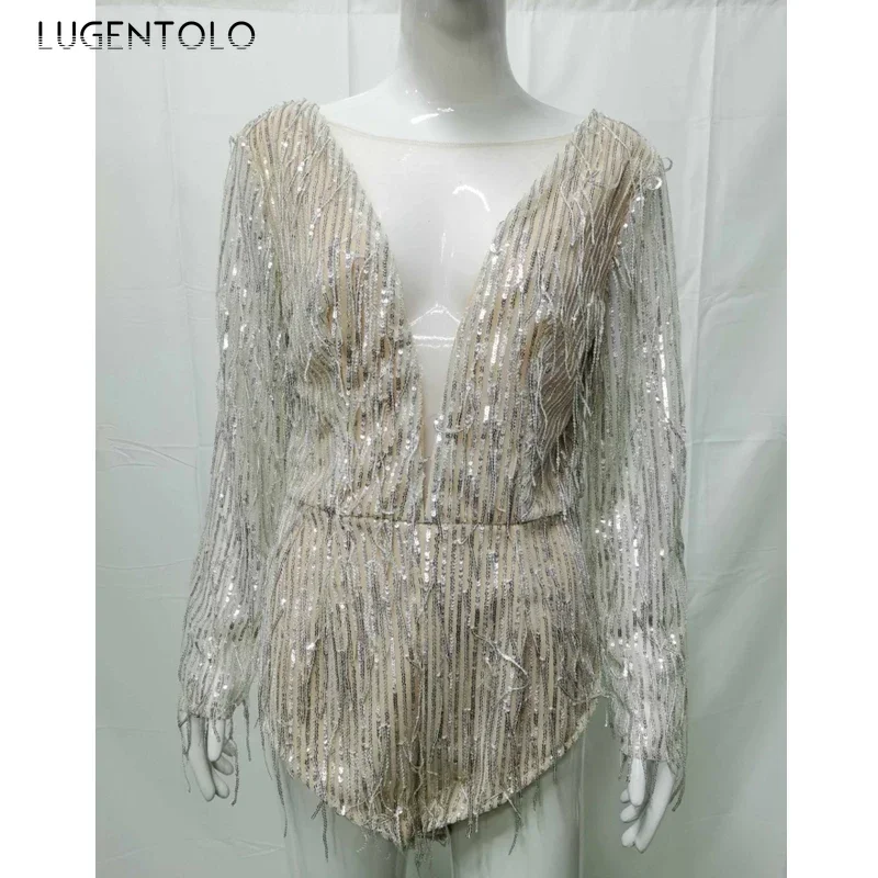 Women Playsuits Sexy Sequins New Women's Party Long Sleeve V-neck Silver Color Dinner Lady Short Rompers Lugentolo