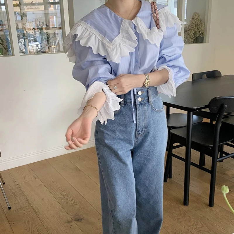 Mexzt elegante camisas listradas moda feminina rendas babados retalhos blusas brancas coreano rendas até alargamento manga longa design topos novo