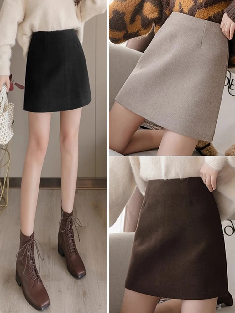

Thickened Woolen Skirt High Waist Autumn Winter Women's Outerwear A-Line Skirt Warm Casual Polyester Fiber Zipper Closure