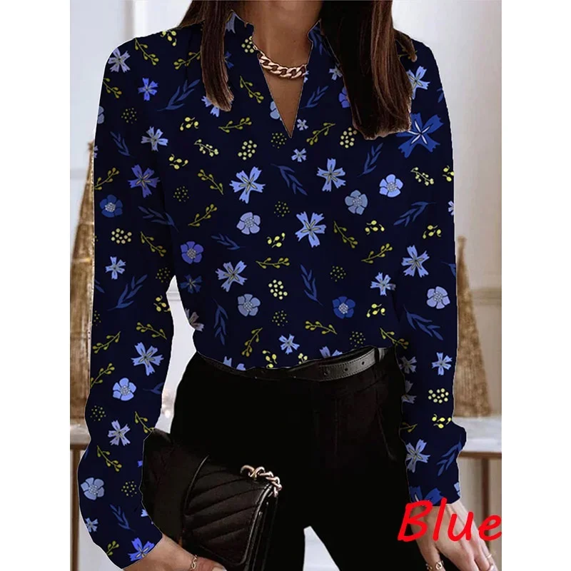 Women\'s Fashion Sexy V Neck Long Sleeve T Shirt Floral Print Shirt Casual Lapel Shirt Ladies Pullover Spring Autumn Loose Top