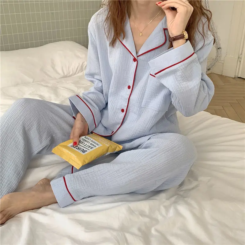 Casa terno pijamas de algodão para mulher loungewear calças de mangas compridas senhoras estilo coreano longo pijamas femme