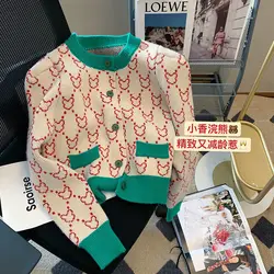 Autumn Winter Fashionable Printing Knitting Cardigan Female New Fashion Cartoon Patchwork O-neck Long Sleeve Sweater Coat Tops