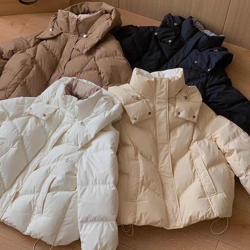 Thicken Warm Stand Collar Hooded Parkas Women Swinter Olid Color Long Sleeve Short Puff Parkas Zipper Button Cotton Padded Coats