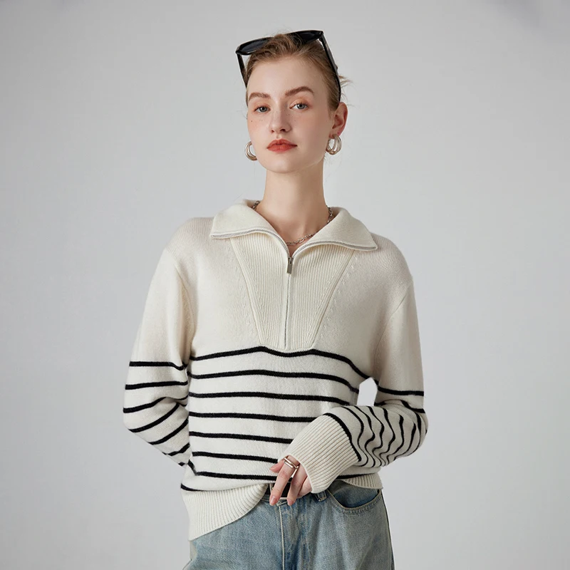 High-End 2023 Autumn Winter Women\'s Thicken Loose 100% Pure Cashmere Sweater Female Stripe Knitted Pullover Girl Clothes Tops