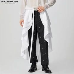 INCERUN American Style Pantalons Stylish Men Ruffled Double Layered Half Skirt Pants Casual Clubwear Male Solid Lace Up Trousers