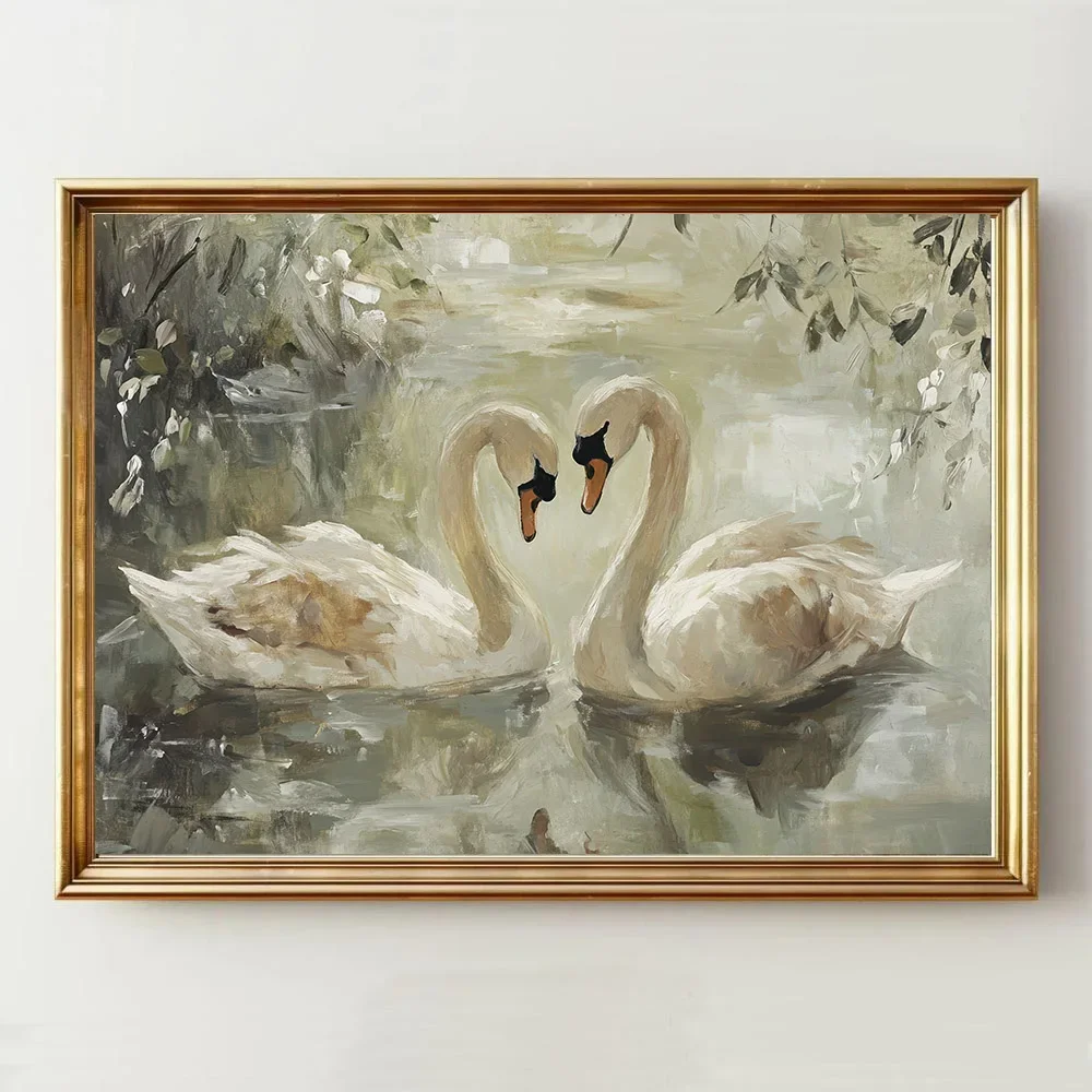 1pc frameless Canvas painting 1pc Unframed Antique Swan in Lake Vintage Rustic Poster Romantic Love Wall Art Canvas Print Minima