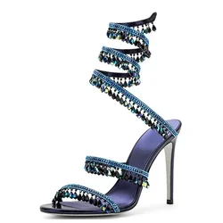 Sandali di cristallo con nastro avvolgente a serpentina da donna di marca sandali con tacco alto alla caviglia con lacci a forma di serpente scarpe da donna Sexy con strass 34-43