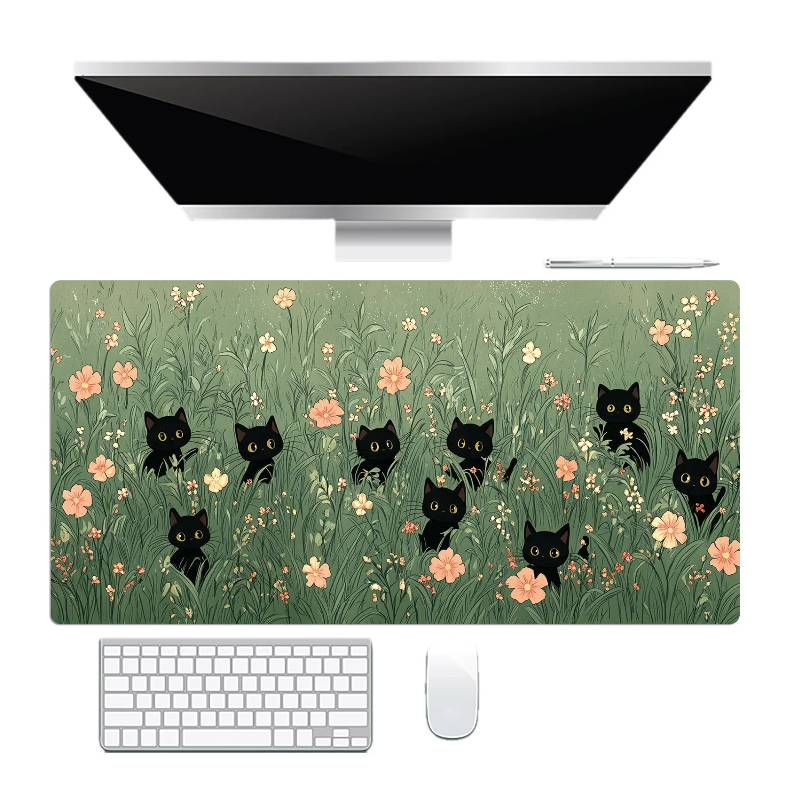Pink Floral Cute Black Cat Mouse Pad Large Rubber Anti-slip PC Desk Accessories Mousepad for Office and Gamer Keyboard Decor Mat
