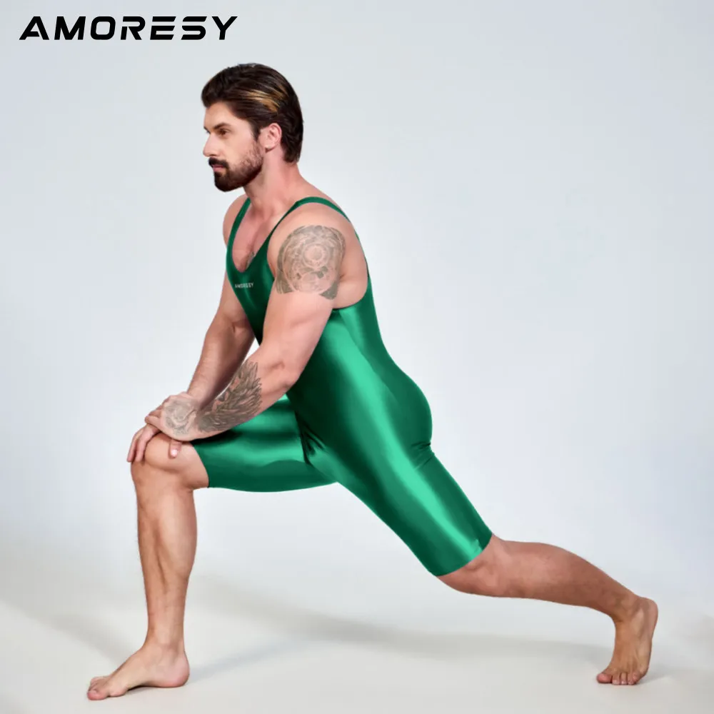 AMORESY Herren Sexy Glänzender, glatter Bodybuilder-Singlet, ärmellos, zum Laufen, Catsuits, Fitness, Yoga, Sport, Overall, Radfahren, einfarbig, eng anliegend – Detail 4