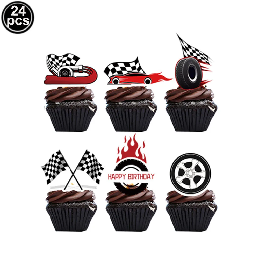 Racing Car Party Cupcake Topper Wheel Checkered Racing Flag Dessert Cupcake Topper Cake Decorations For Race Car Party Supplies