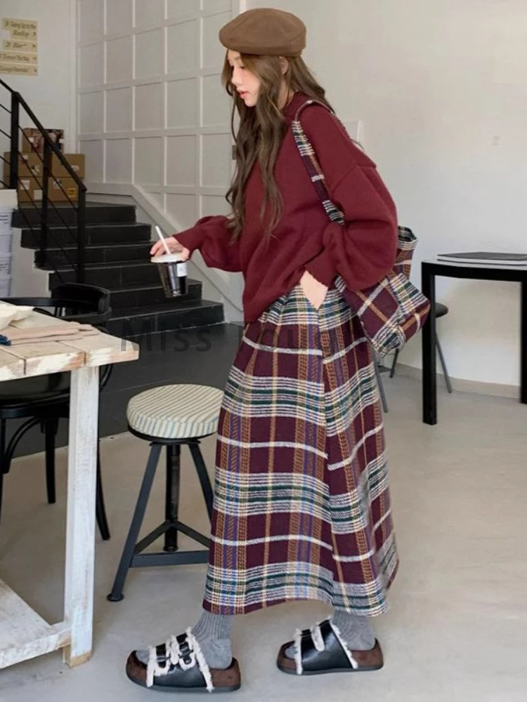 Harajuku Red Sweet Two Piece Set Women Preppy Style Elegant Plaid Midi Skirt Sets Female Korean Slim Casual Suit 2024 Winter New