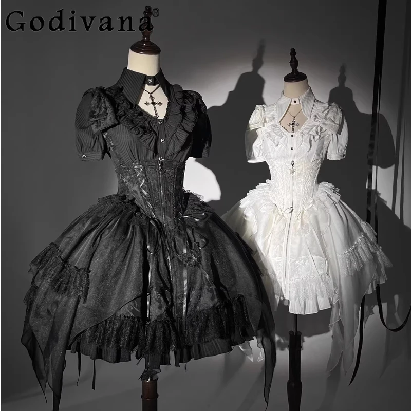 

Subculture Black White Gothic Skirt Sk Set Women's Girl's Slim Fit Sweet Cool Short Sleeve Shirt Mini Strap Skirt Lolita Outfits