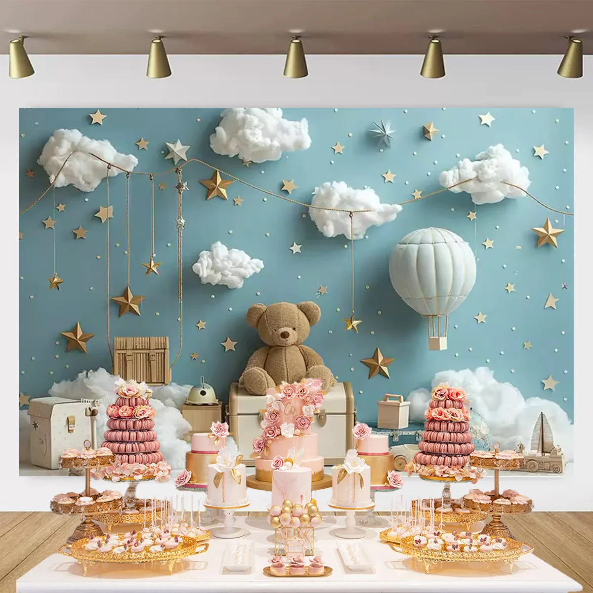 Umi Hot air balloon cloud teddy bear theme children birthday party decoration background baby shower first birthday photography